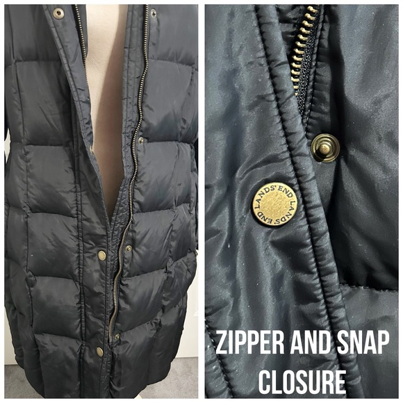 Land’s End, 3/4” Black Quilted Puffer Coat with Removable Hood, Fur & Hood - Picture 4 of 8